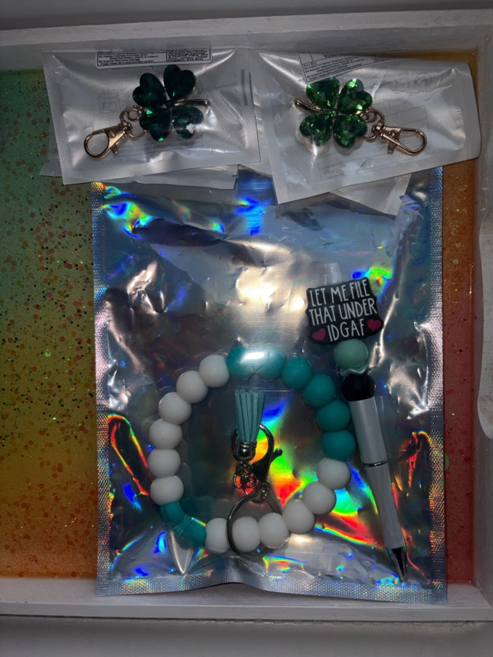 4 Piece Bundle! Handmade Beaded Pen Keychain Bracelet Crystal Shamrock Keychains